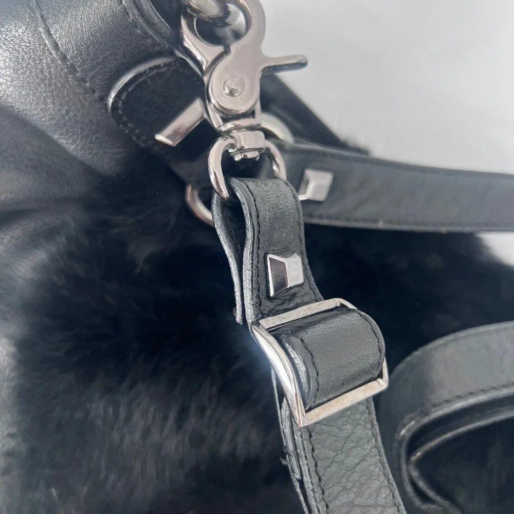 Abro‎ Black Leather & Faux Fur Studded Slouchy Shoulder Bag Dark Edgy Mob Wife